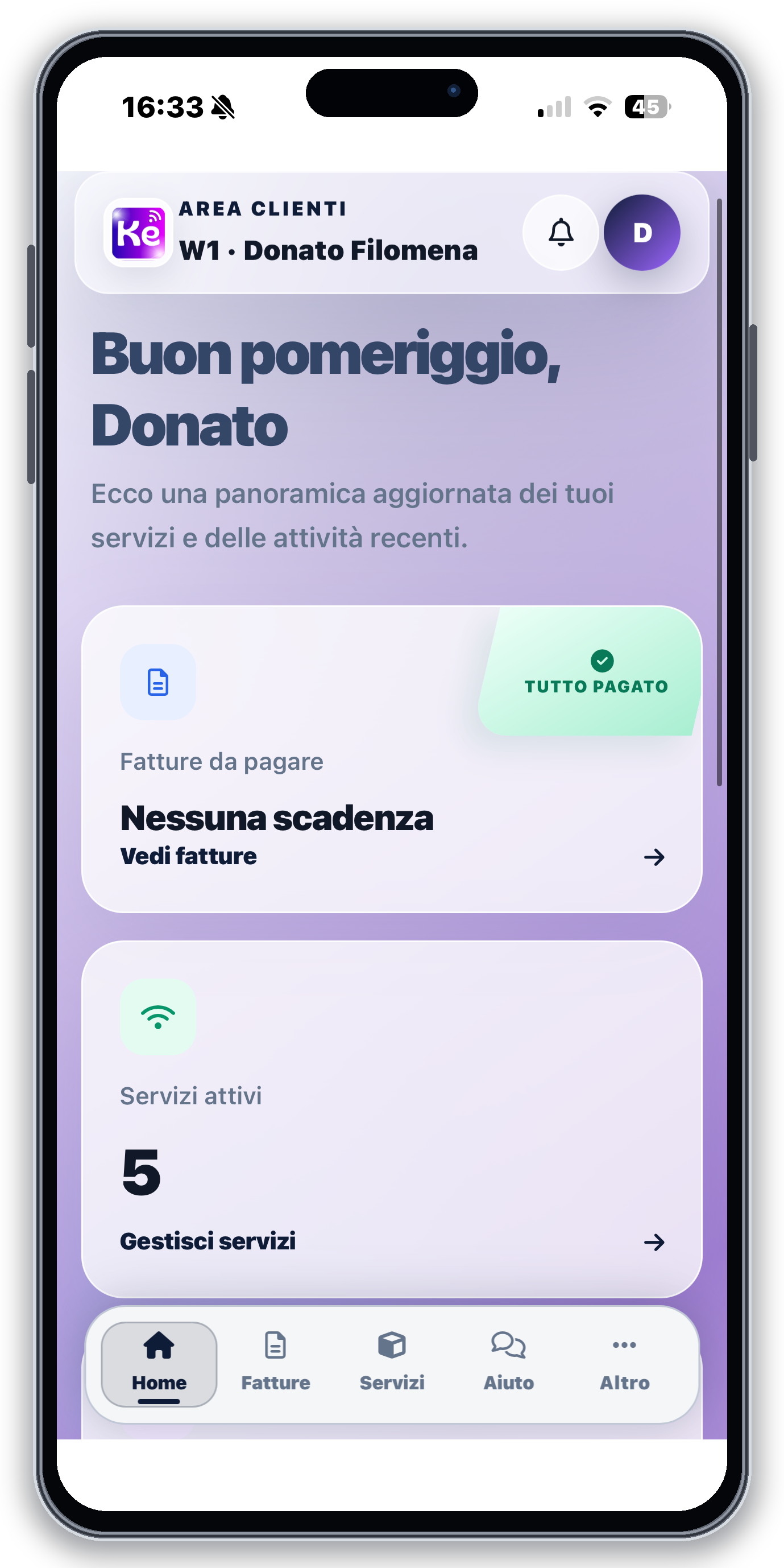 Homepage reale di ISP APP in una cornice iPhone 15 Pro